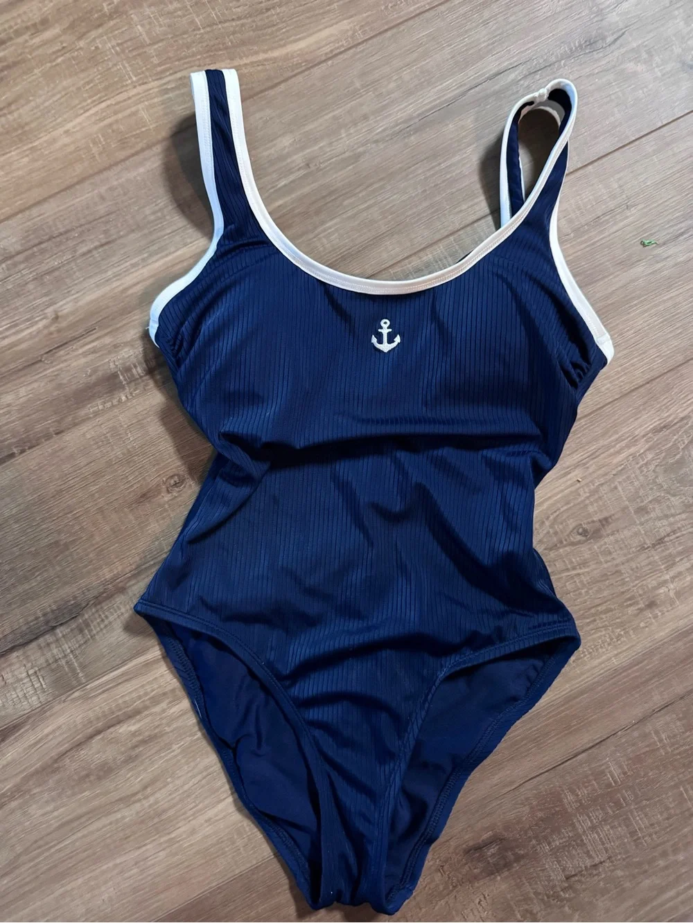 NWT Navy Ribbed One-Piece Swimsuit with White Trim